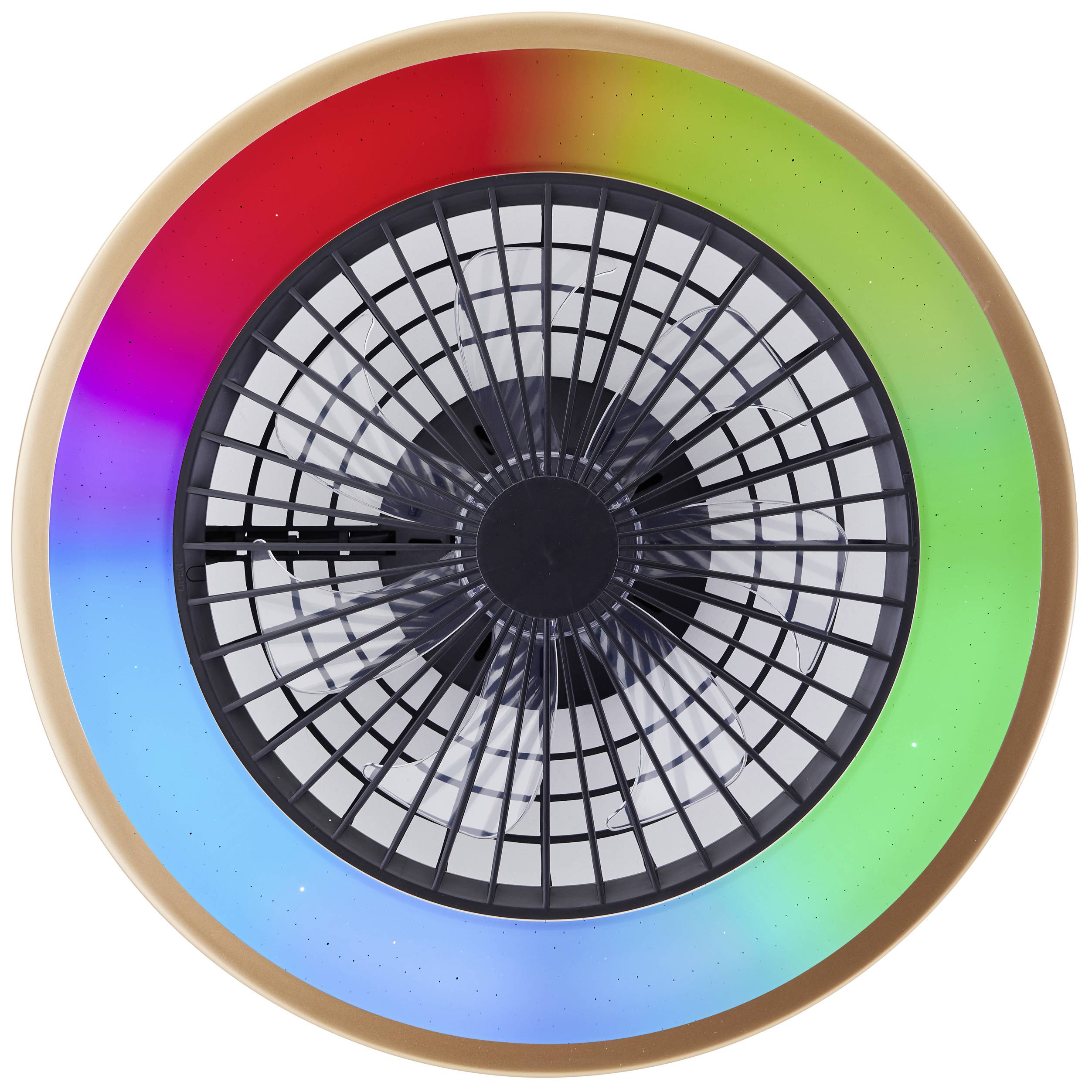 Farebný, kruhový ventilátor s mriežkou v strede. Vonkajší okraj svieti dúhovými farbami.