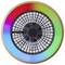 Farebný, kruhový ventilátor s mriežkou v strede. Vonkajší okraj svieti dúhovými farbami.