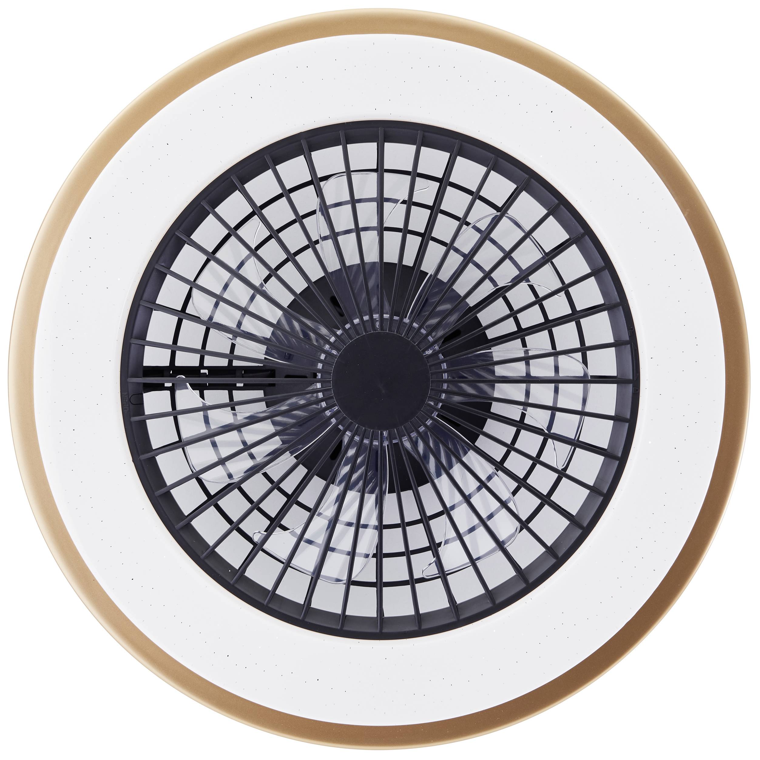 Stropný ventilátor s kruhovým košom, bielym rámom a medenom zafarbeným okrajom, pred bielym pozadím.