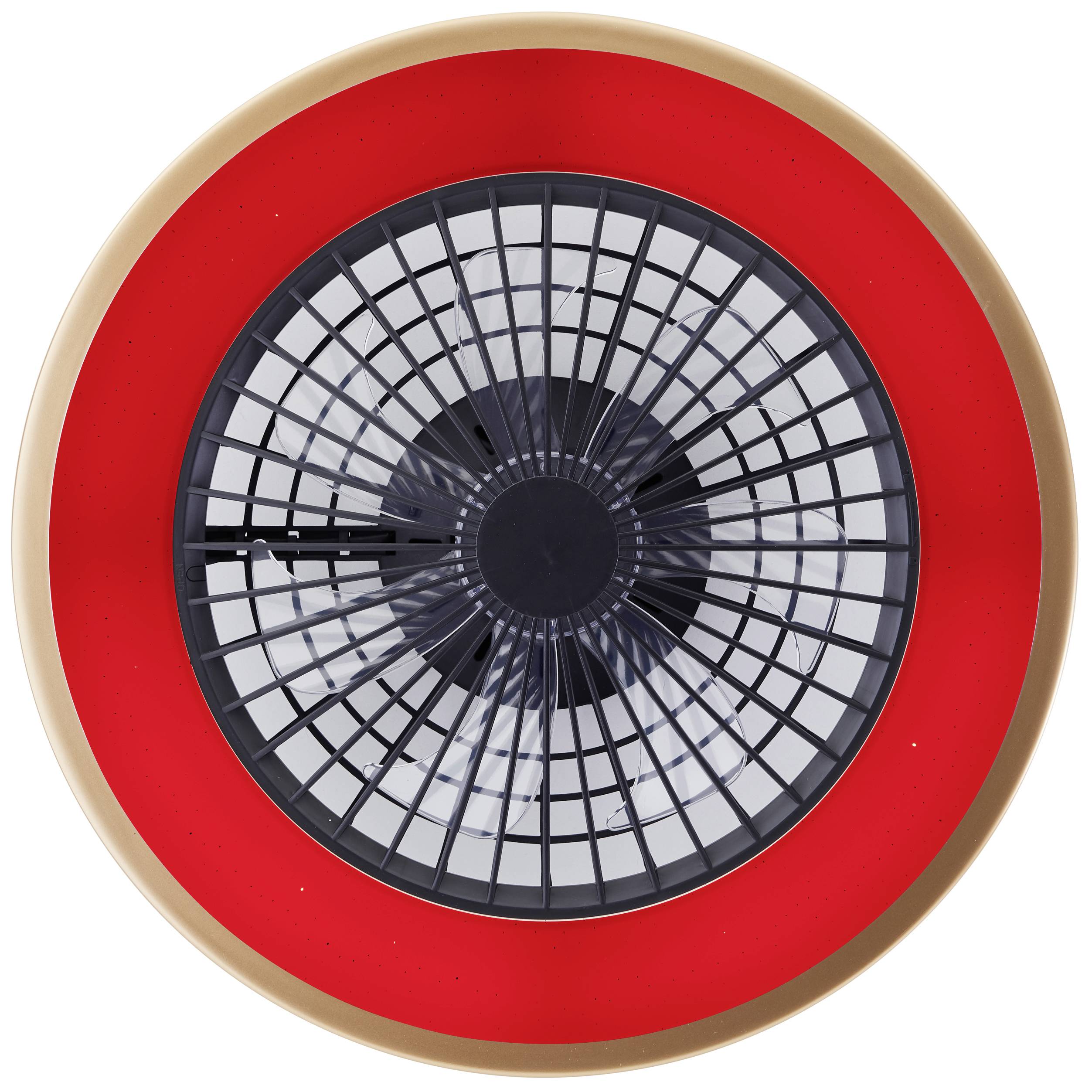 Okrúhly ventilátor so červeným okrajom pohľadom zhora. Ventilátor má v strede čierno-bielu mriežku.