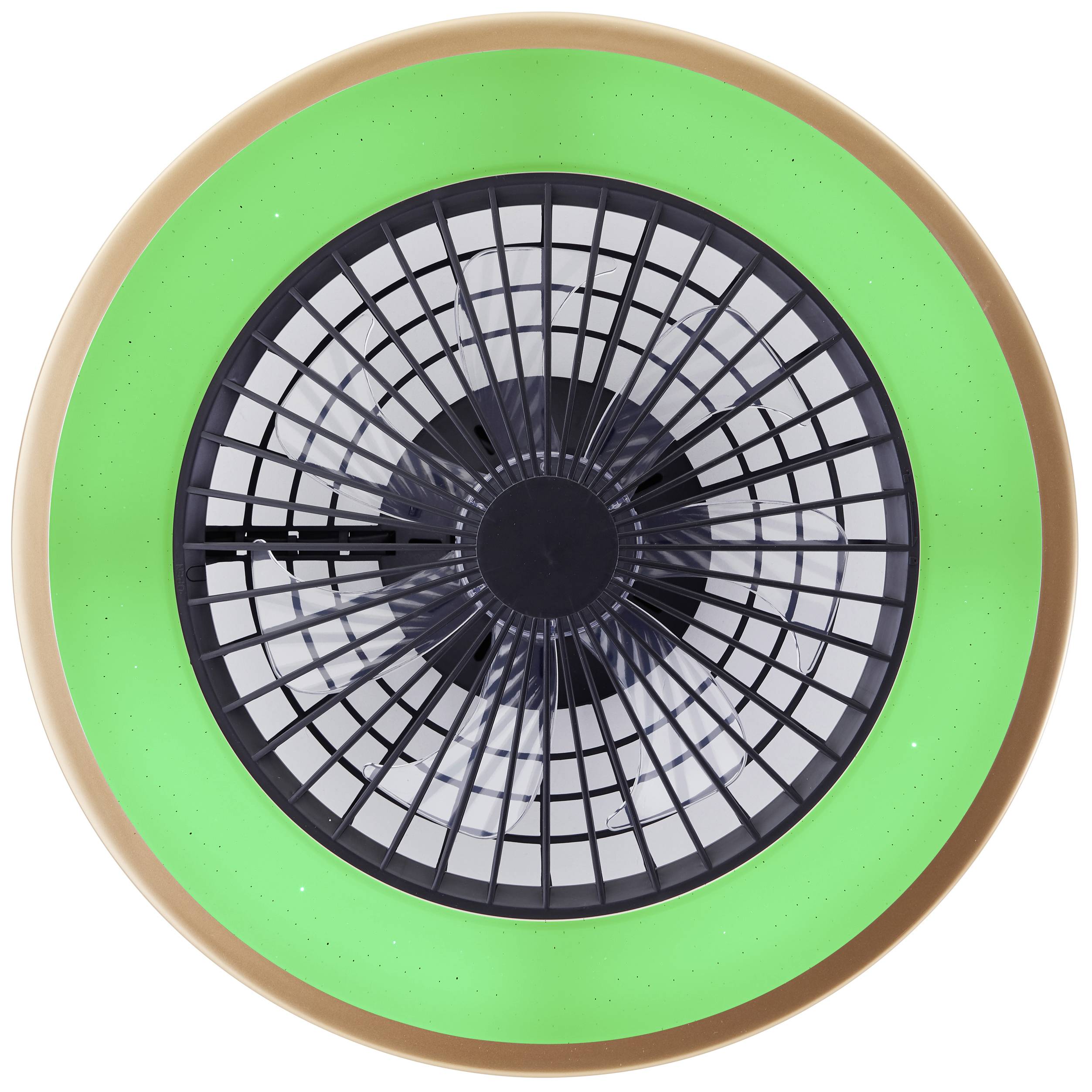 Guľatý stropný ventilátor so zeleným prsteňom a čiernym mriežkovým vzorom uprostred, ktorý vyzerá ako vetracie mriežky.