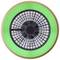 Guľatý stropný ventilátor so zeleným prsteňom a čiernym mriežkovým vzorom uprostred, ktorý vyzerá ako vetracie mriežky.