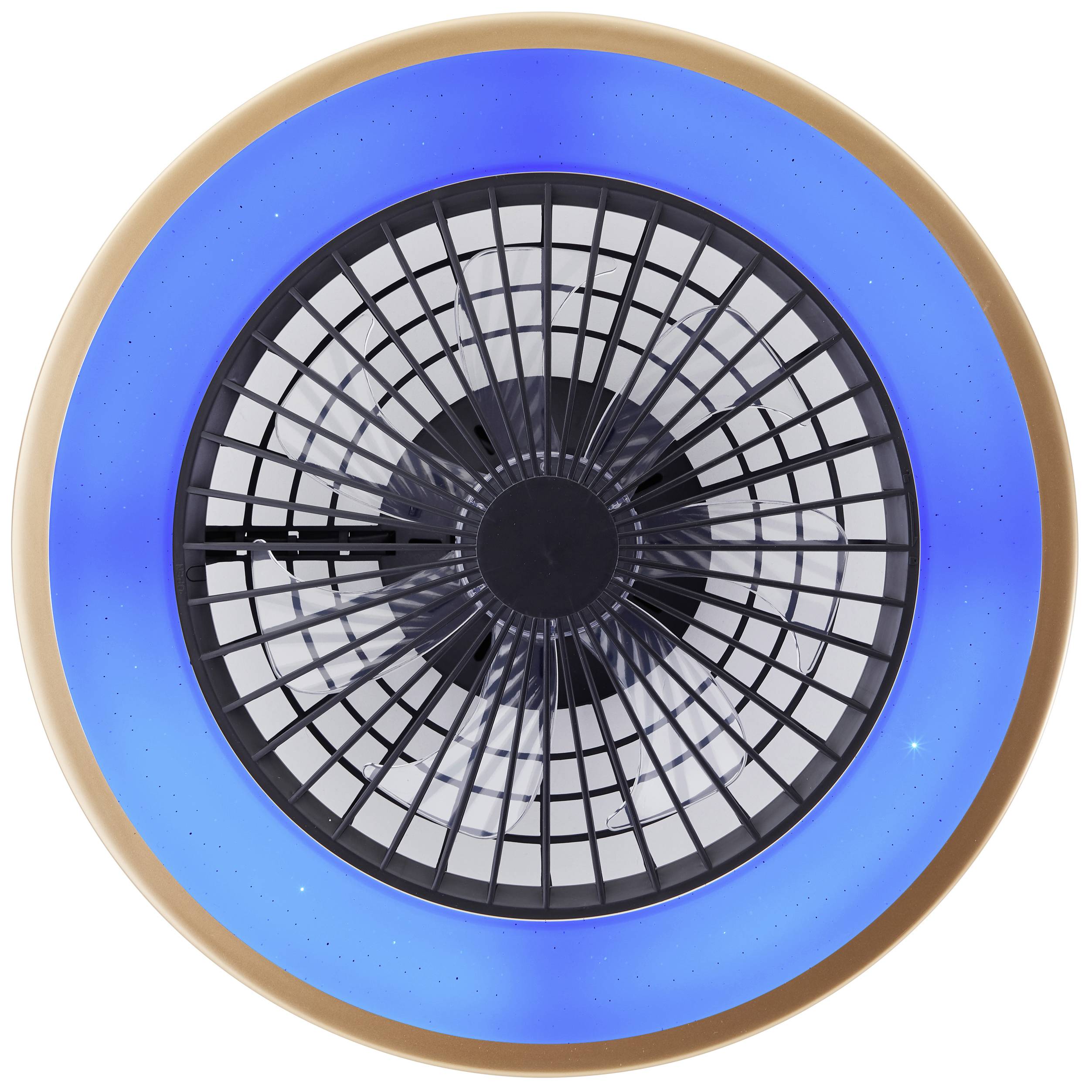 Okrúhly stropný ventilátor s modrým LED svetlom v strede. Lopatky ventilátora sú viditeľné za ochranným krytom.