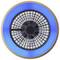 Okrúhly stropný ventilátor s modrým LED svetlom v strede. Lopatky ventilátora sú viditeľné za ochranným krytom.