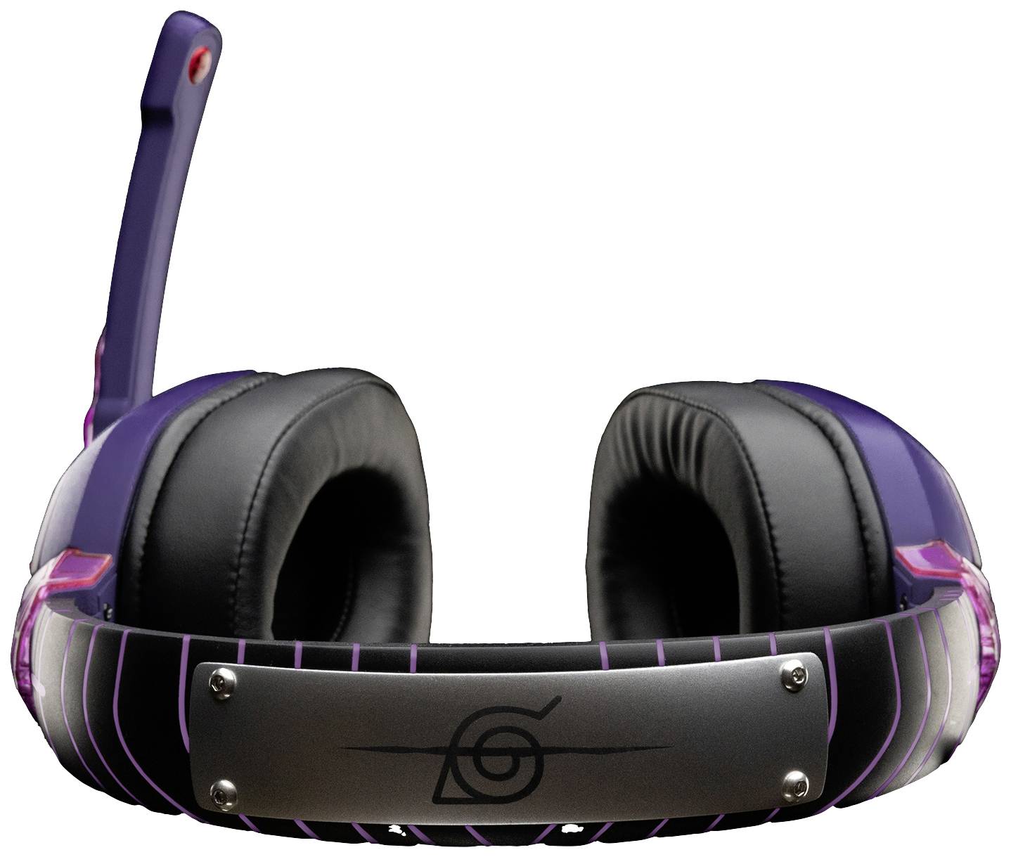 Fialový herný headset s mikrofónom, čierno čalúnený, na vrchu zdobený štylizovaným vírivým dizajnom.