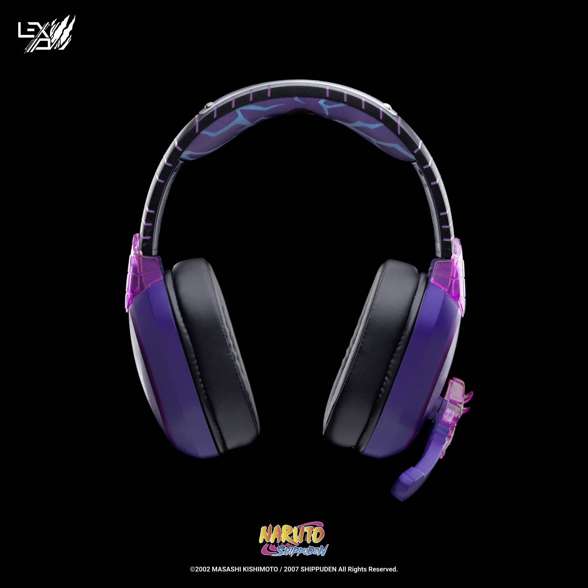 Fialové a čierne over-ear slúchadlá s logom 'Naruto Shippuden', inšpirované dizajnom anime.