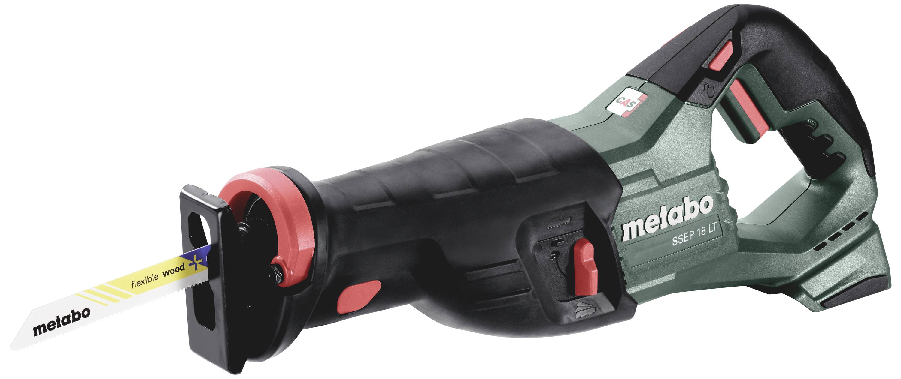 Zeleno-čierna akumulátorová priamočiara píla značky Metabo. Píla má viditeľné pílové rameno a ergonomický tvar rukoväte.