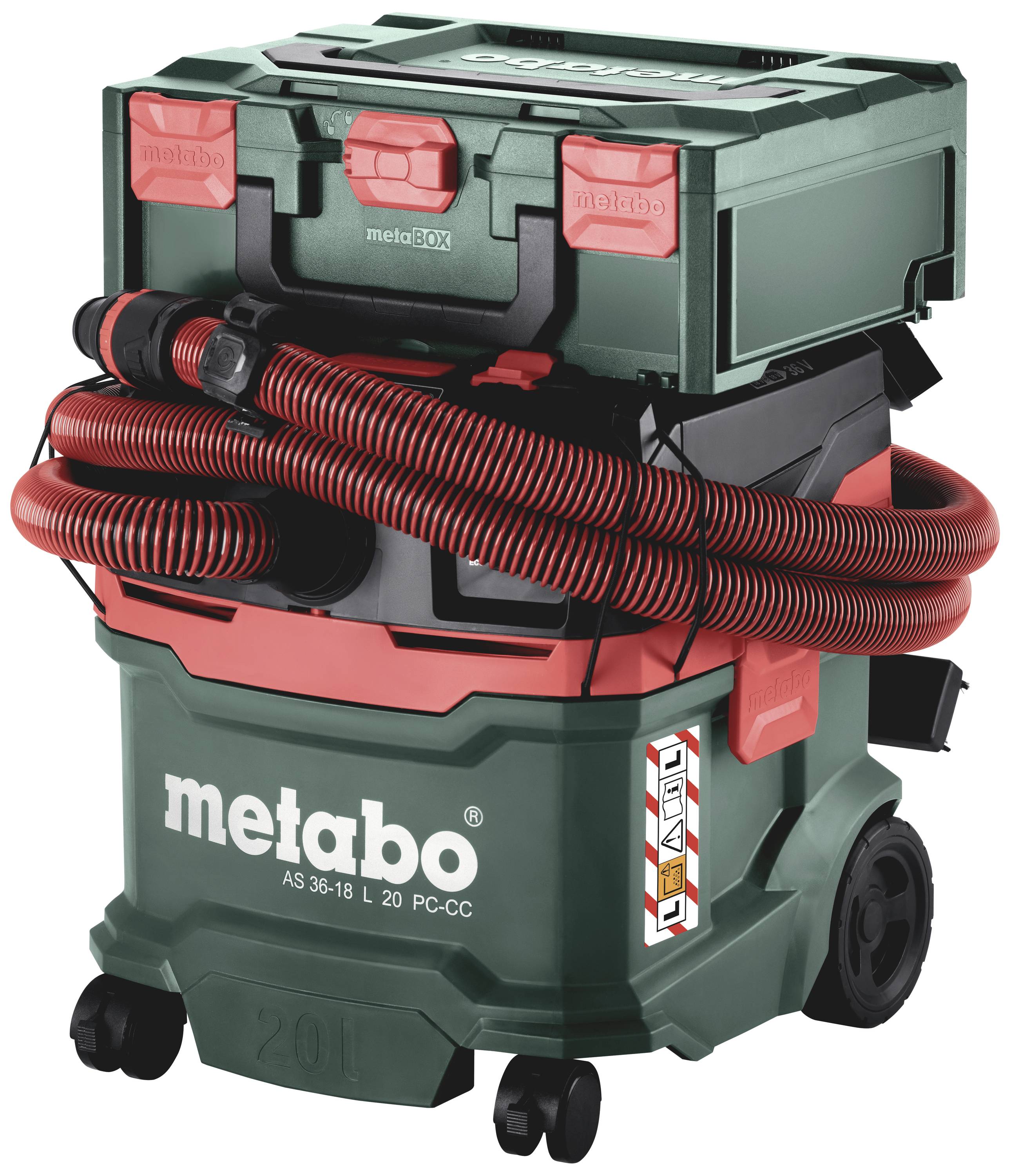 Priemyselný vysávač Metabo so zeleno-červeným dizajnom, veľkými kolesami a červenou hadicou. Model AS 36-18 L 20 PC-CC.