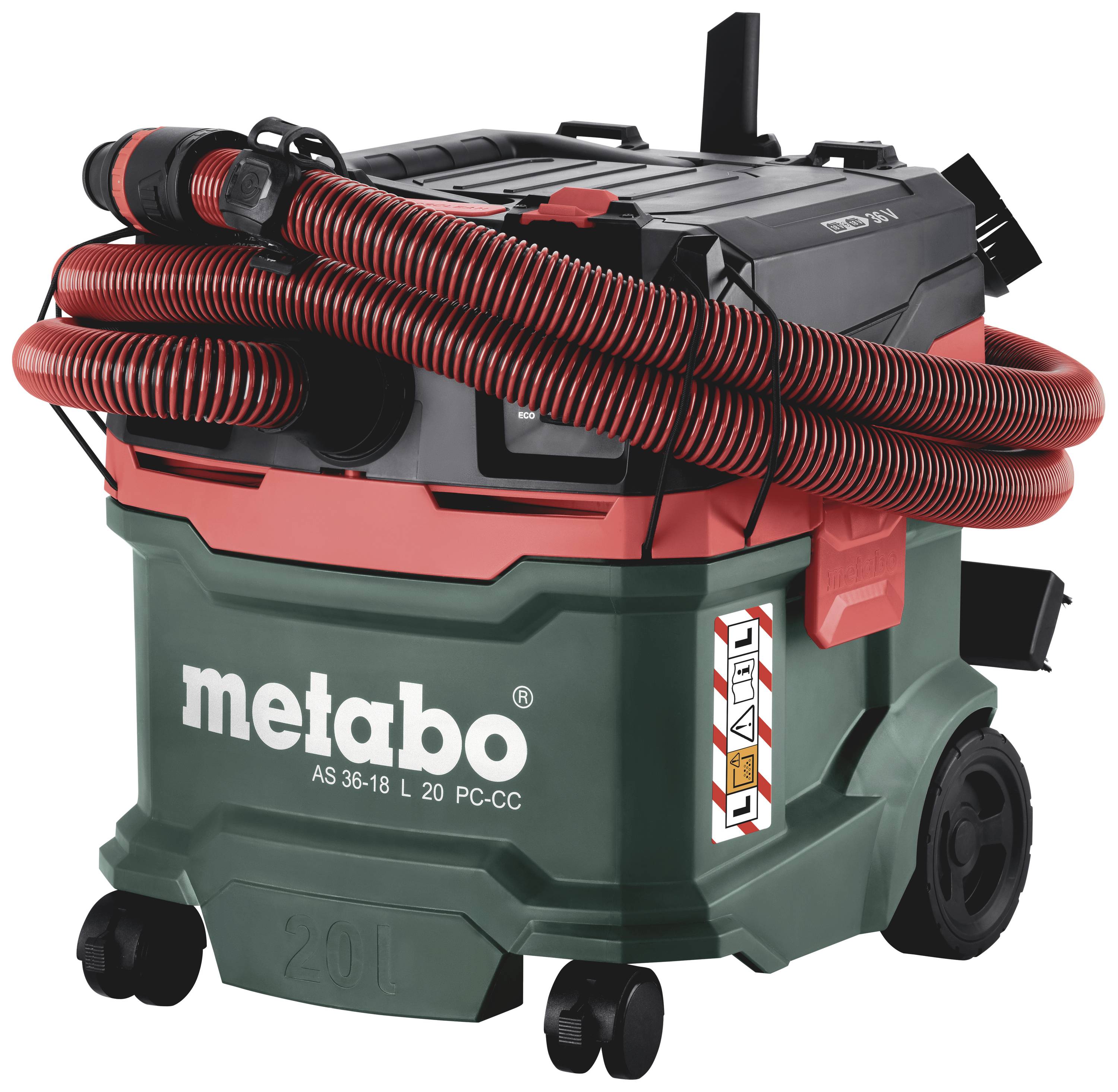 Priemyselný vysávač Metabo AS 36-18 L 20 PC-CC. Červené a čierne hadice, zelený korpus s rôznymi prípojkami a úchytmi.
