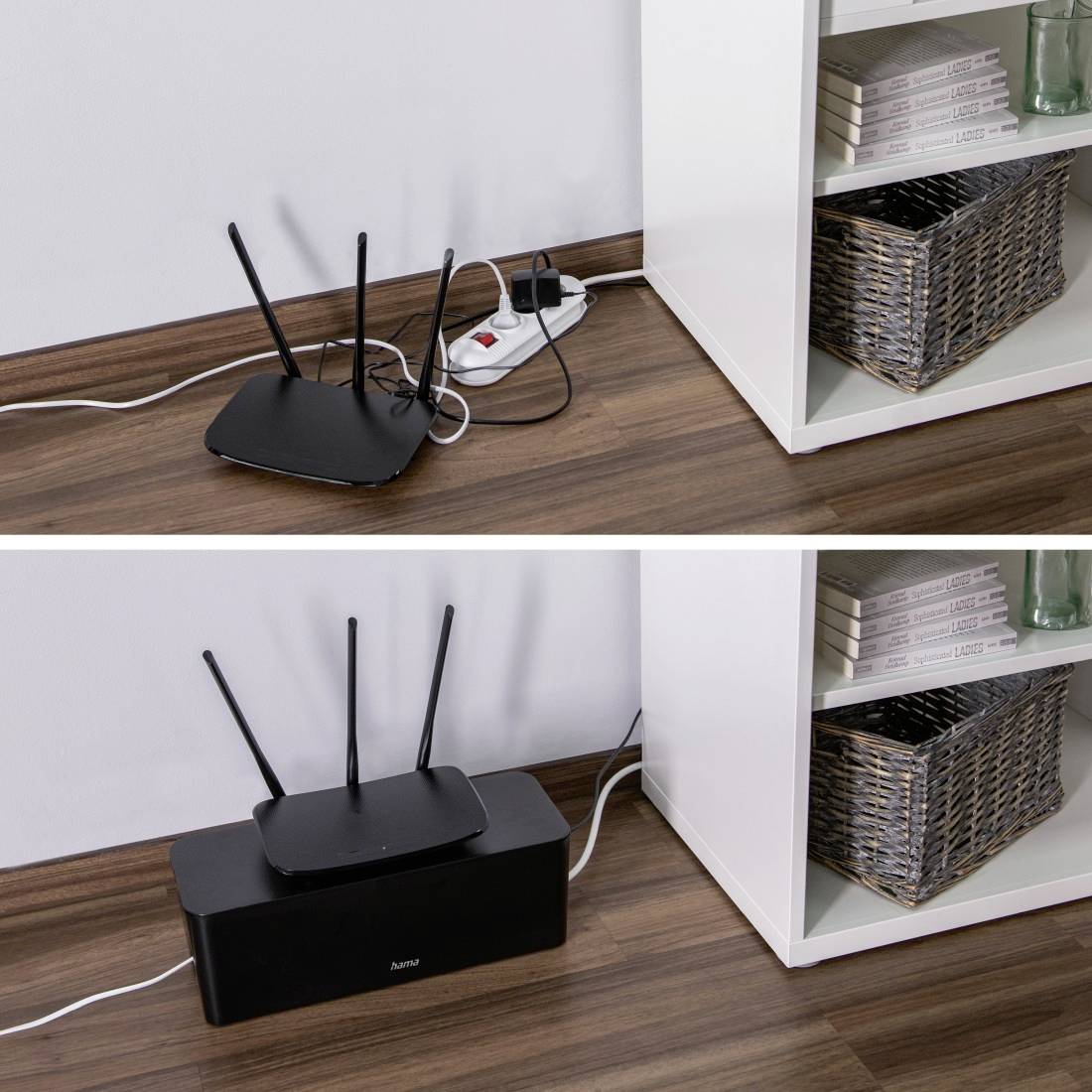 'Horný obrázok: Wi-Fi router na zemi, neusporiadané káble. Dolný obrázok: Router v káblovom organizéri, uprataný a čistý dojem.'