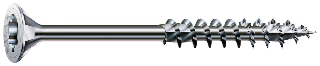 Lesklý kovový skrutka so súdkovitým závitom a zápustnou hlavou, horizontálne umiestnená na bielom pozadí.
