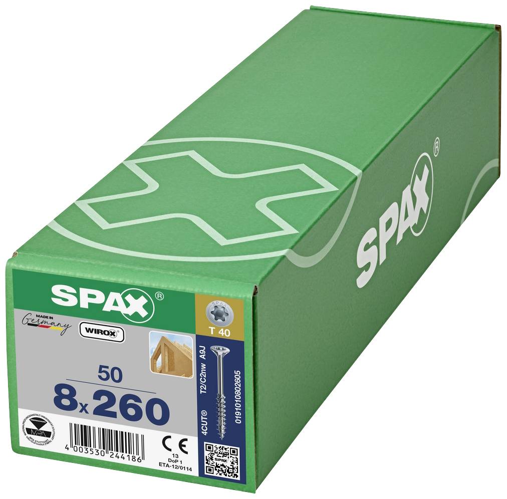 Zelený kartón od SPAX-u s 50 skrutkami, veľkosť 8x260. Tlačený text zobrazuje detaily produktu, pôvod Nemecko, určené pre prácu s drevom.