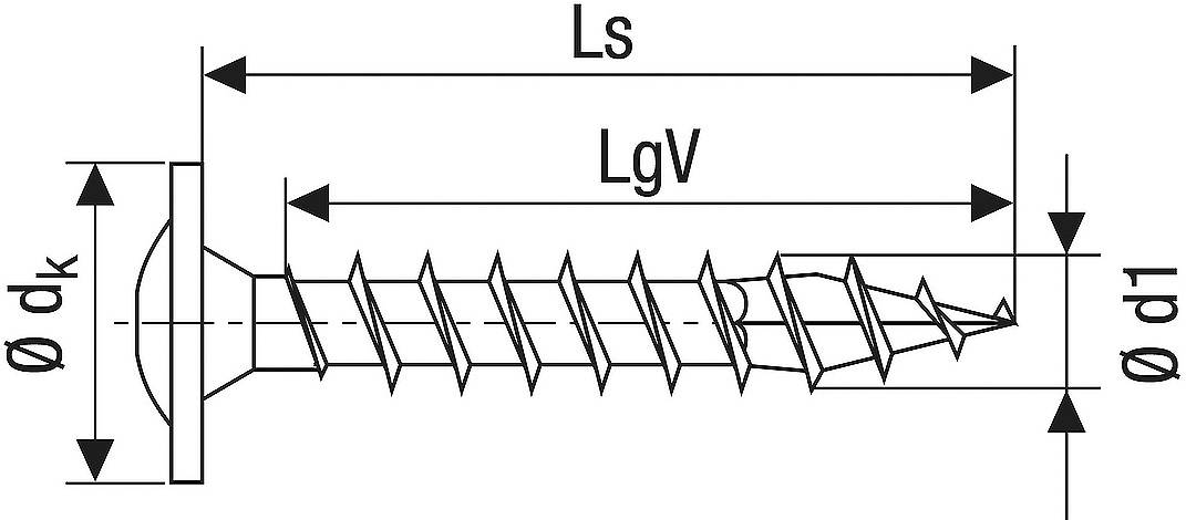 Obrázok znázorňuje technický výkres skrutky s rozmermi: celková dĺžka (Ls), dĺžka závitu (LgV), priemer hlavy (Ø dk) a vonkajší priemer (Ø d1).