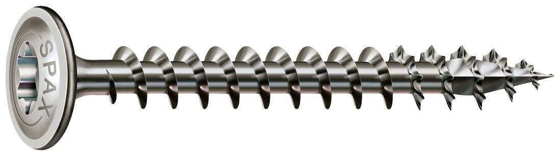 Strieborná drevená skrutka soständým závitom a zápustnou hlavou, pohľad z bočnej strany; vhodná pre spájanie drevených prvkov.