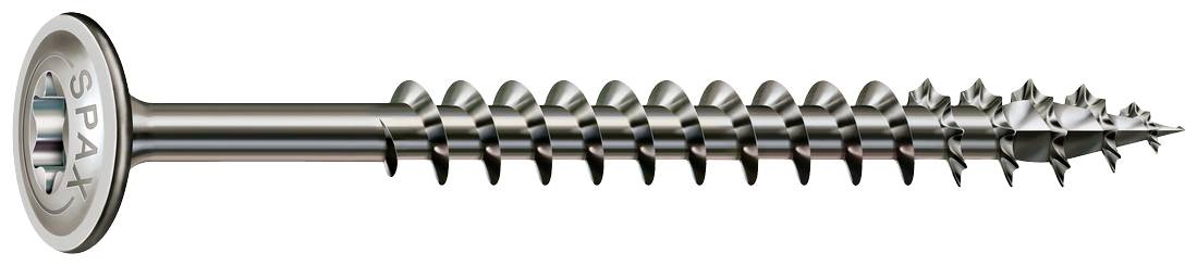 Dlhý kovovýrobný skrutka so zápustnou hlavou a závitom. Používa sa v stavebných a domácich projektoch na upevnenie drevených materiálov.