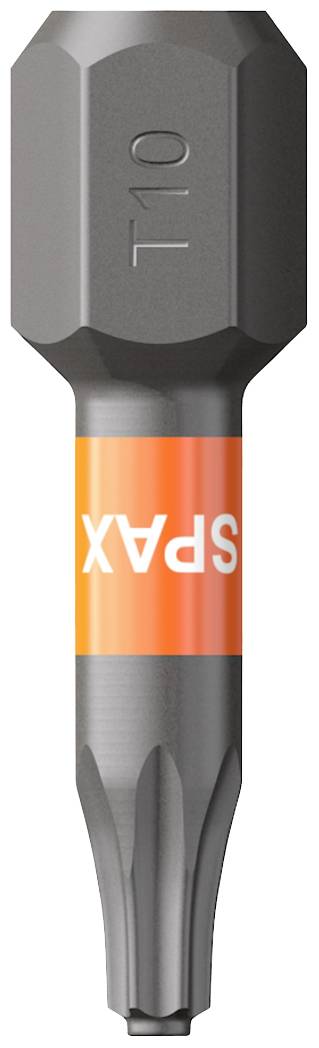 Na obrázku je bit skrutkovača Torx veľkosti T10 s oranžovým nápisom SPAX na boku.