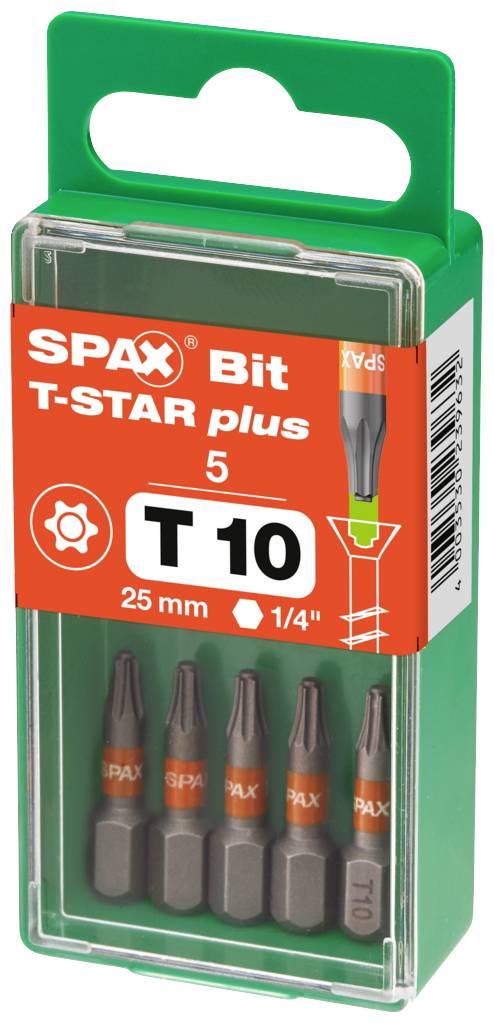 SPAX Bit T-STAR plus T10, 5 kusov, dĺžka 25 mm, 1/4 palca. Balenie s piatimi bitmi, vhodné pre skrutkovače s hlavou T10.