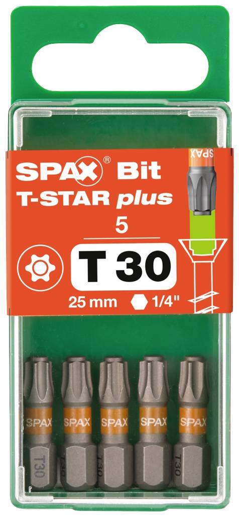 Balenie bitov 'SPAX Bit T-STAR plus' s piatimi 25 mm bitmi, veľkosť T30, 1/4 palca, v priehľadnom puzdre.