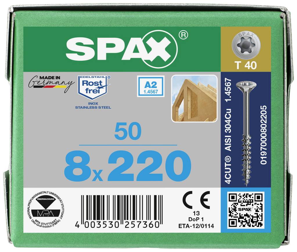 'Zelený SPAX obal so skrutkovými informáciami: 50 kusov, veľkosť 8x220, nehrdzavejúca nerezová oceľ, s certifikátmi a QR kódom.'