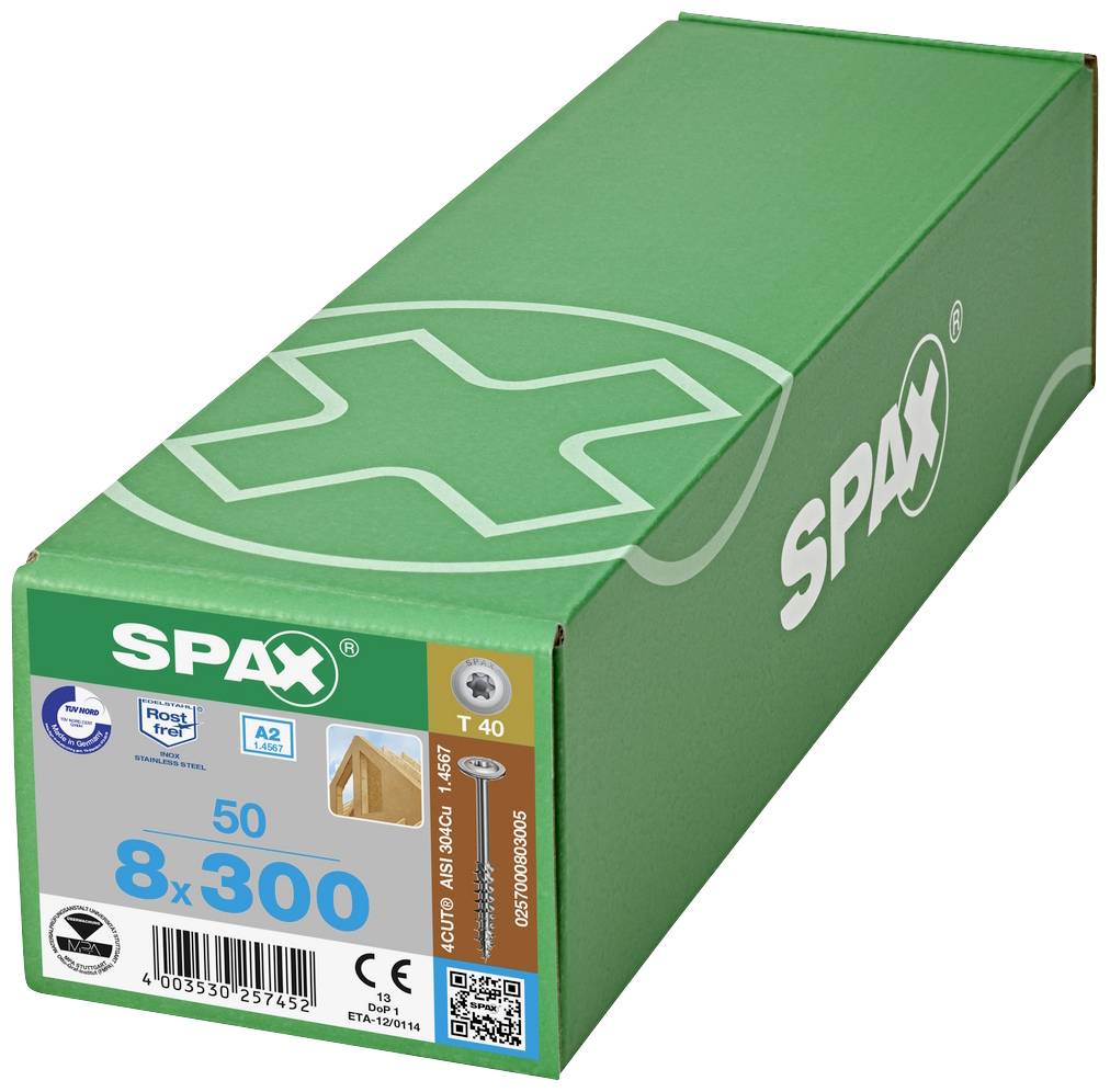 Zelený obal skrutiek SPAX, '8 x 300'. Obsahuje 50 kusov. CE označenie a viaceré certifikačné pečate sú viditeľné.