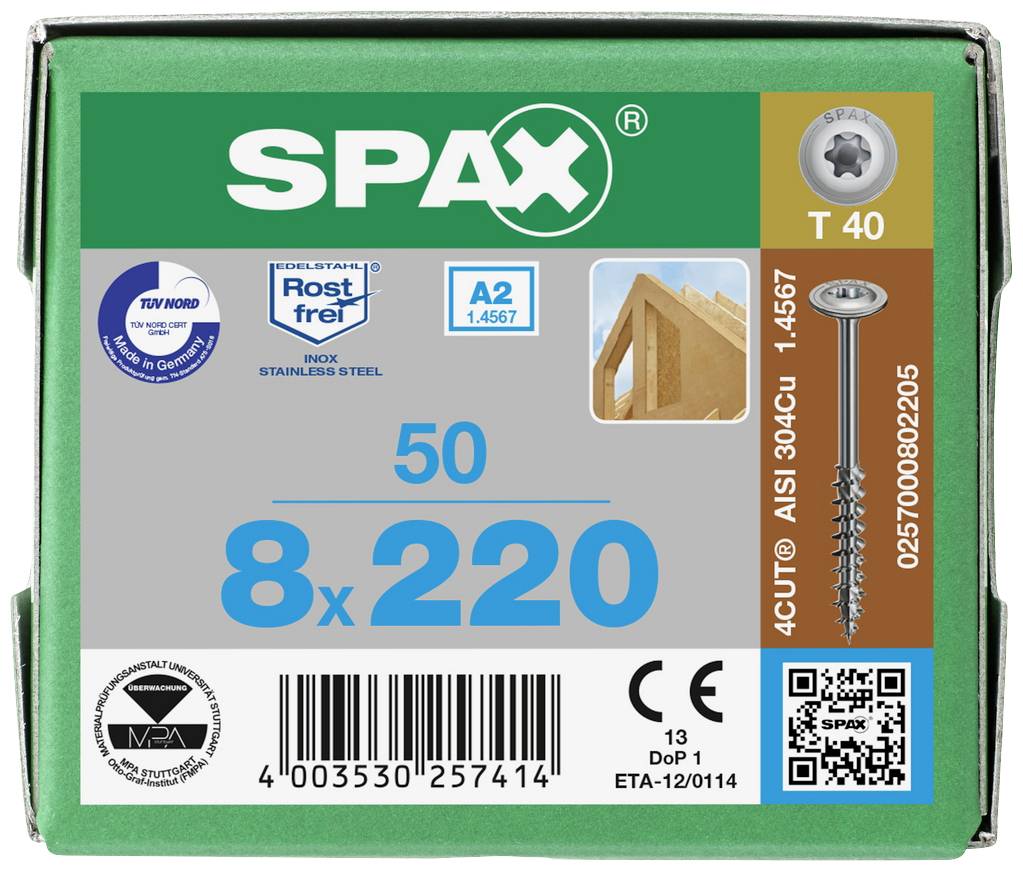 Skrutky 'SPAX' v balení po 50 kusoch, veľkosť 8x220. Nehrdzavejúce, nerezová oceľ A2, so štvorrázovou (4CUT) špičkou. QR kód a ďalšie technické údaje viditeľné.
