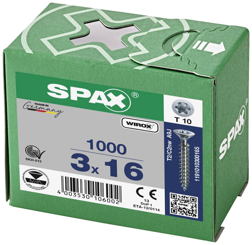 Zelená škatuľa s 1000 skrutkami značky 'SPAX', veľkosť 3x16 mm. Na obale je viditeľné logo Spax a nápis 'Made in Germany'.