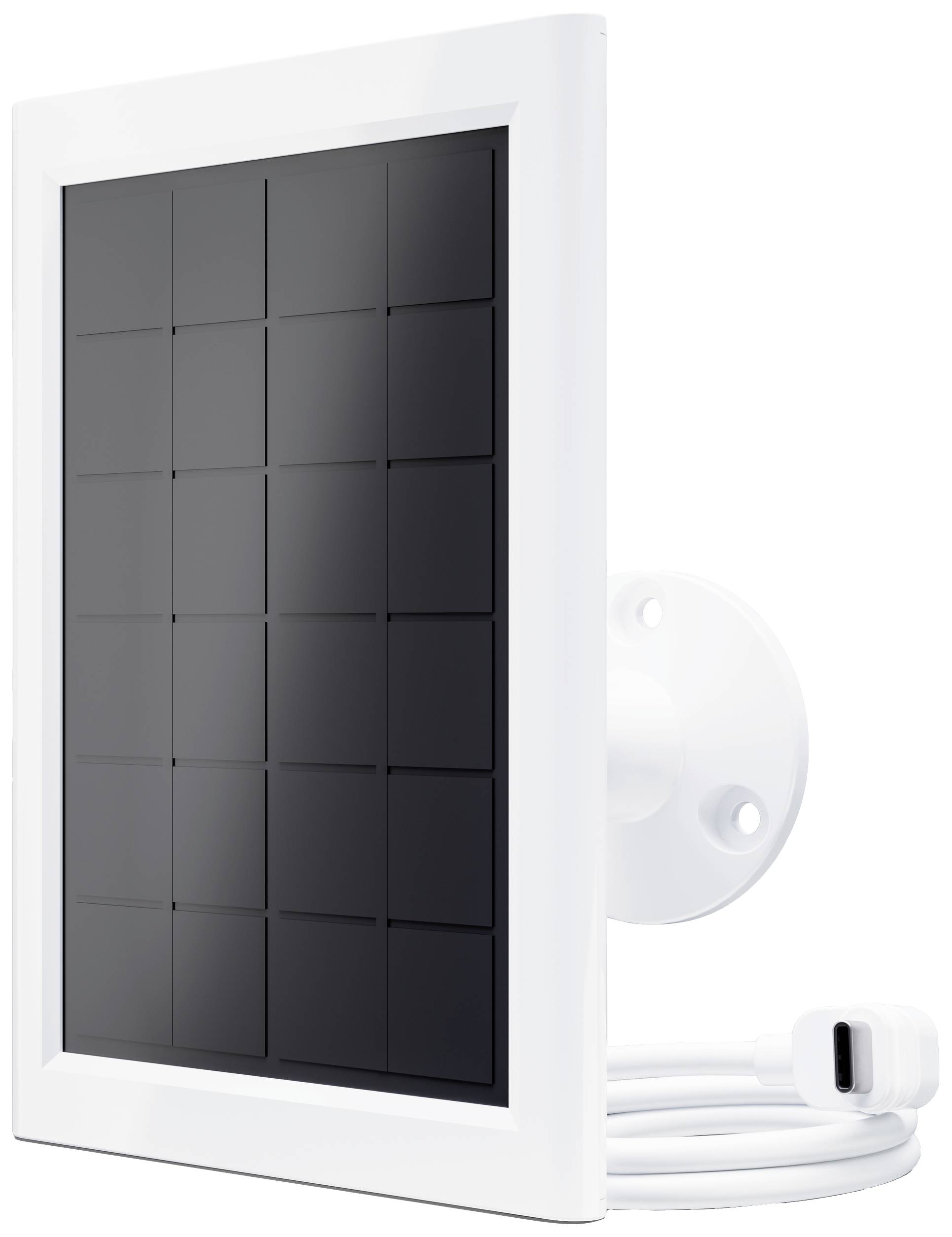 Malý solárny panel s bielym rámom a montážnou konzolou na stenu, prepojený krátkym káblom. Ideálny pre energeticky úsporné aplikácie.