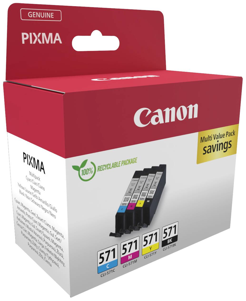 Tlačové kazety Canon PIXMA Multi Value Pack v červeno-bielom recyklovateľnom balení so štyrmi farbami: azúrová, purpurová, žltá, čierna.