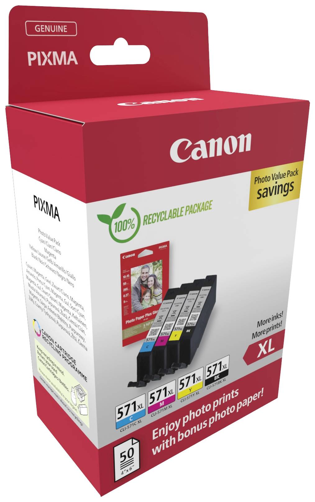 Červené balenie pre atramentové kazety Canon s XL kapacitou. Obsahuje štyri kazety. Zdôrazňuje udržateľný, recyklovateľný obal.