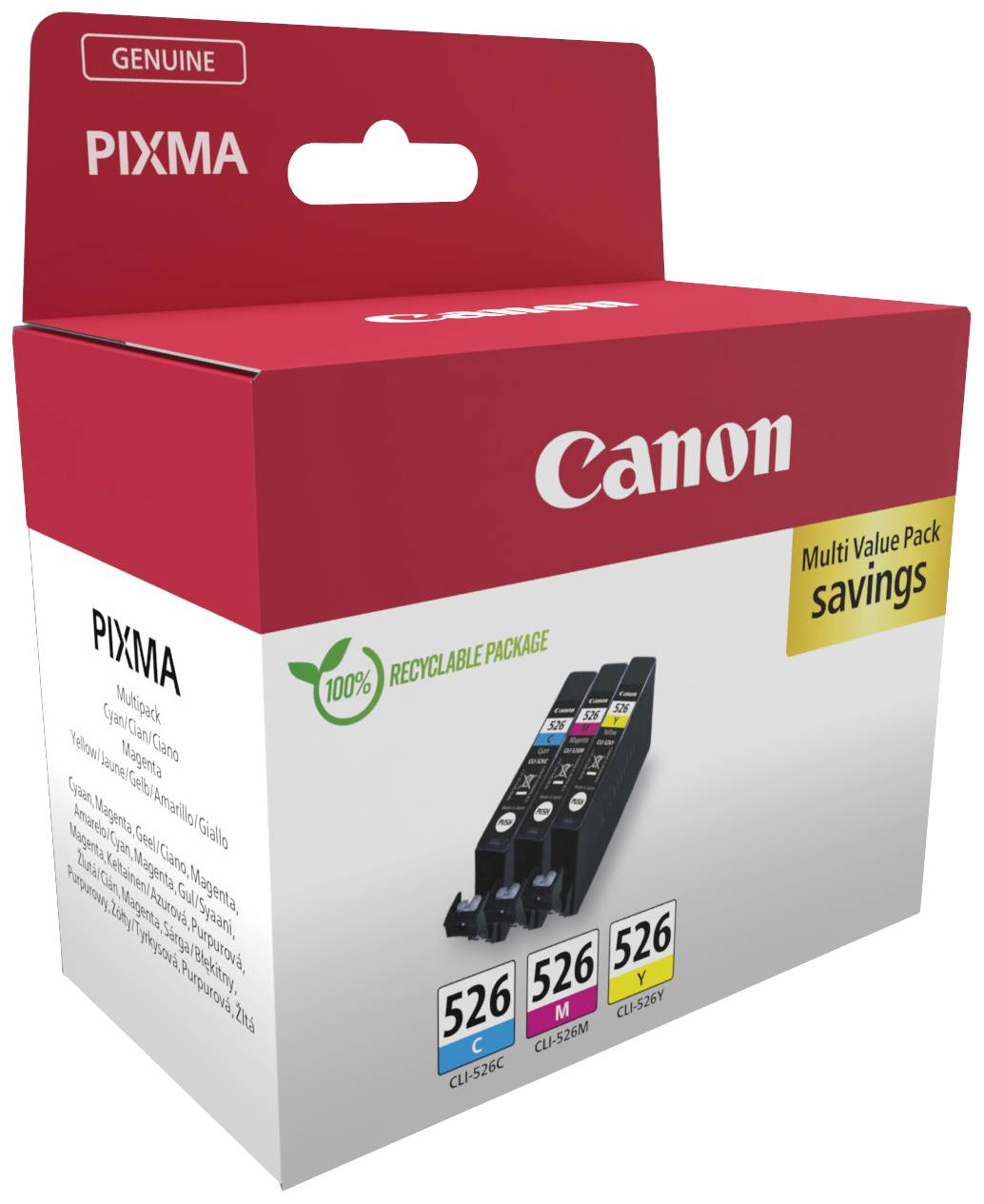 Atramentová náplň Canon PIXMA Multipack vo farbách Cyan, Magenta a Žltá. Balenie je 100% recyklovateľné.
