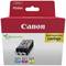 Multipack Canon tlačových cartridgí s tromi patronami v odtieňoch azúrovej, purpurovej a žltej. Balenie zdôrazňuje ekologický dizajn.