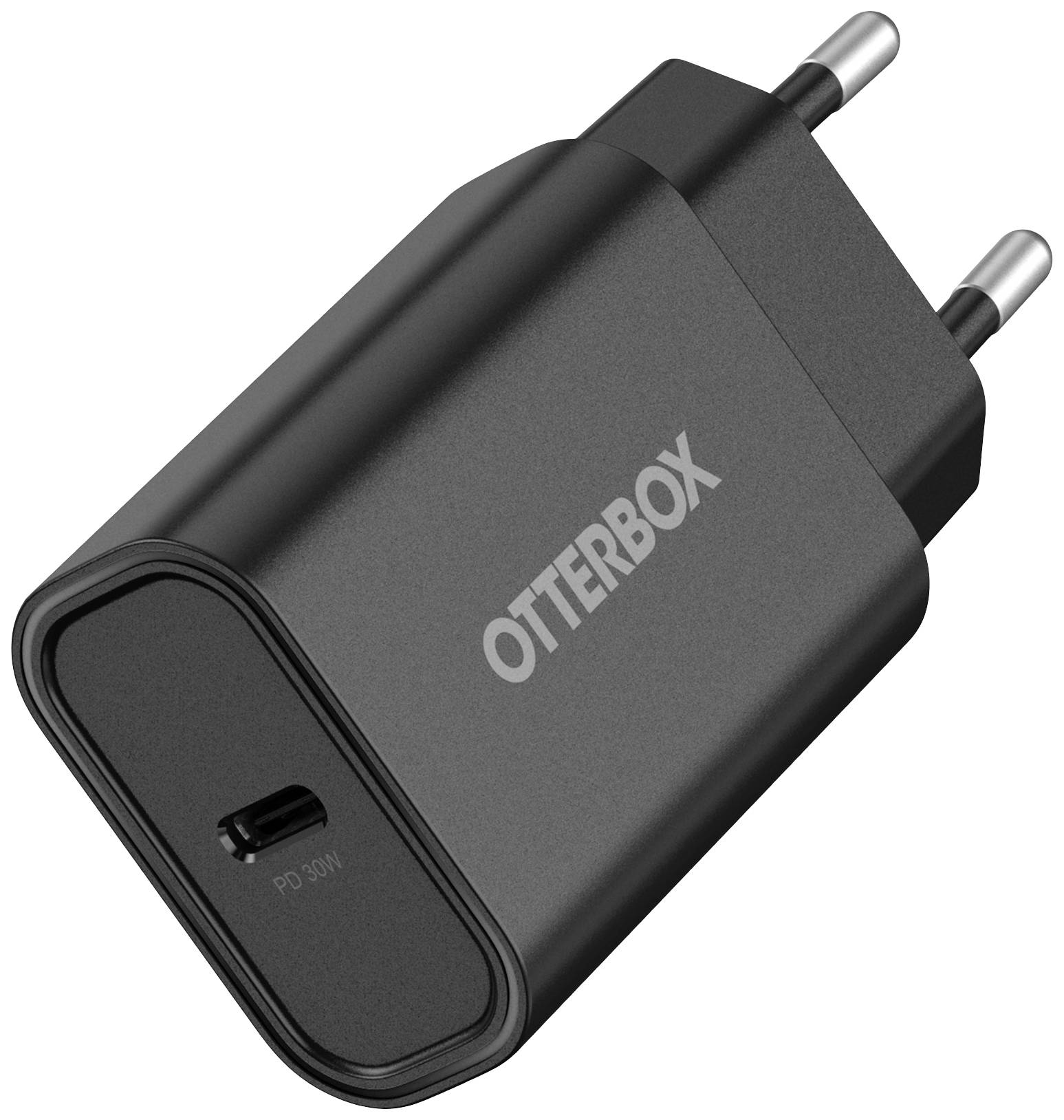 Čierny OtterBox sieťový adaptér s USB-C portom a dvoma zástrčkami, označený ako 'PD 30W', určený na rýchle nabíjanie zariadení.