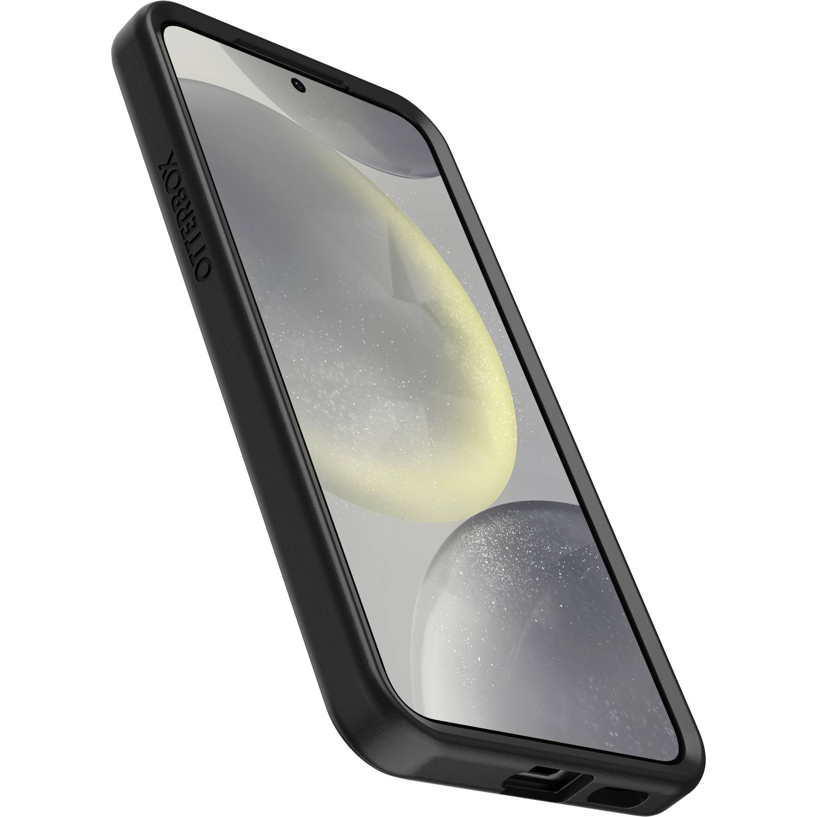 Čierny smartfón v robustnom čiernom ochrannom kryte Otterbox, na obrazovke je zobrazený abstraktný žltý a čierny vzor.
