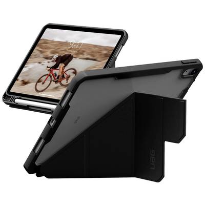 Čierna ochranná obálka podopiera tablet, na ktorom je zobrazený cyklista v krajine.