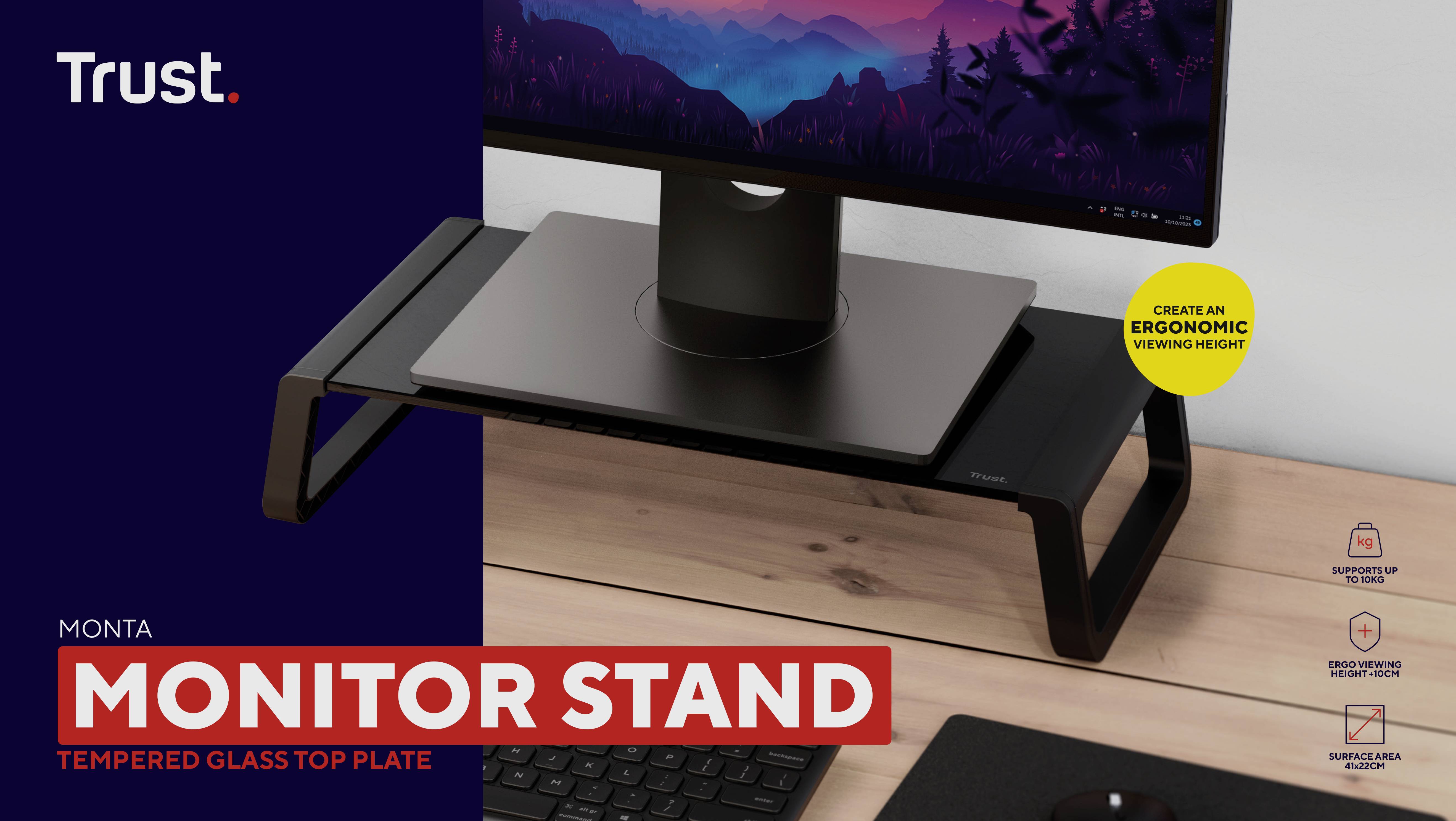 Dôverujte monitoru MONTA so stojanom z tvrdeného skla na ergonomické nastavenie výšky. Obsahuje USB porty. Ideálny pre organizáciu pracovného priestoru.