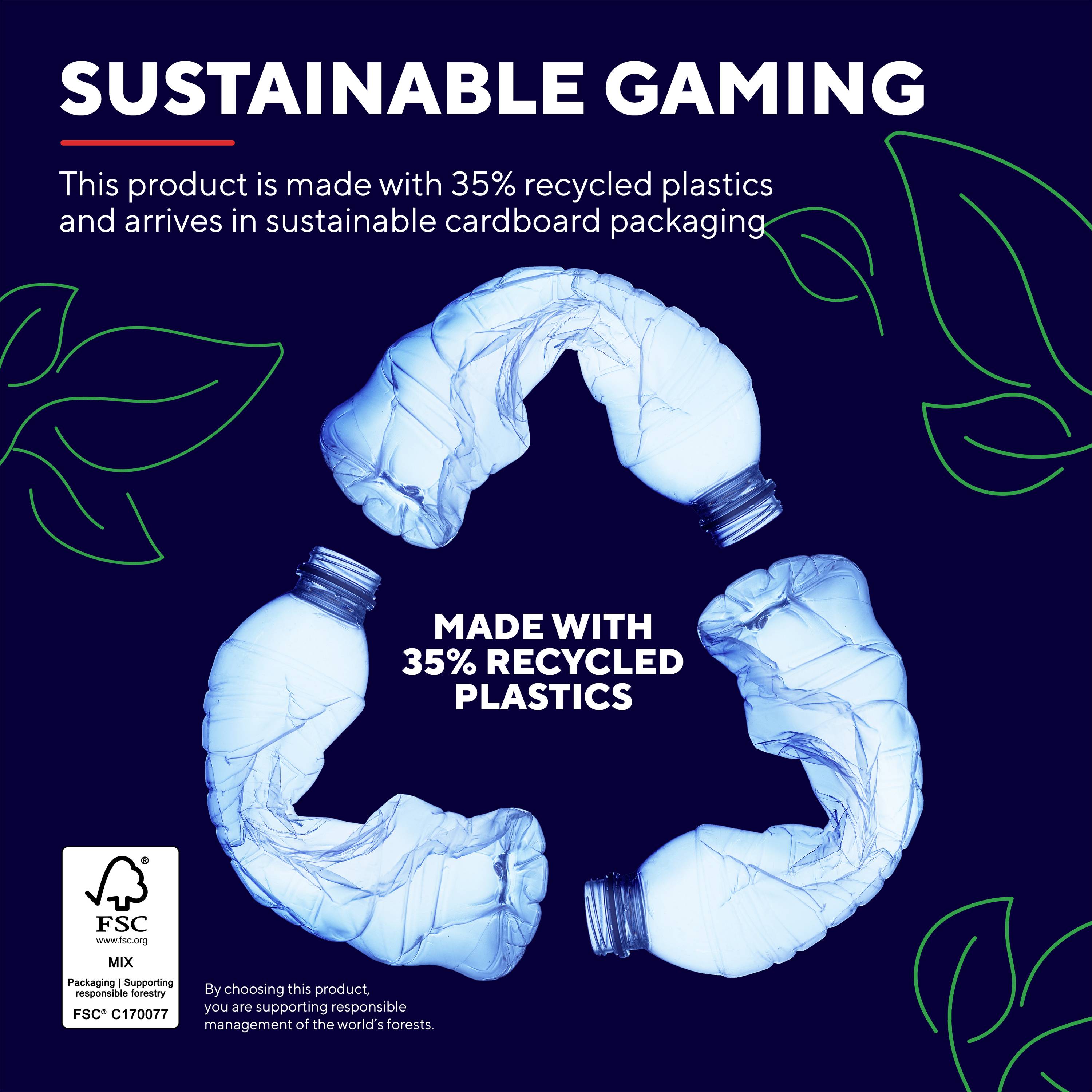 Snímka plagátu o udržateľnom hraní hier. Kruh tvorený plastovými fľašami vypĺňa stred. Text: "Z 35 % vyrobené z recyklovaného plastu"