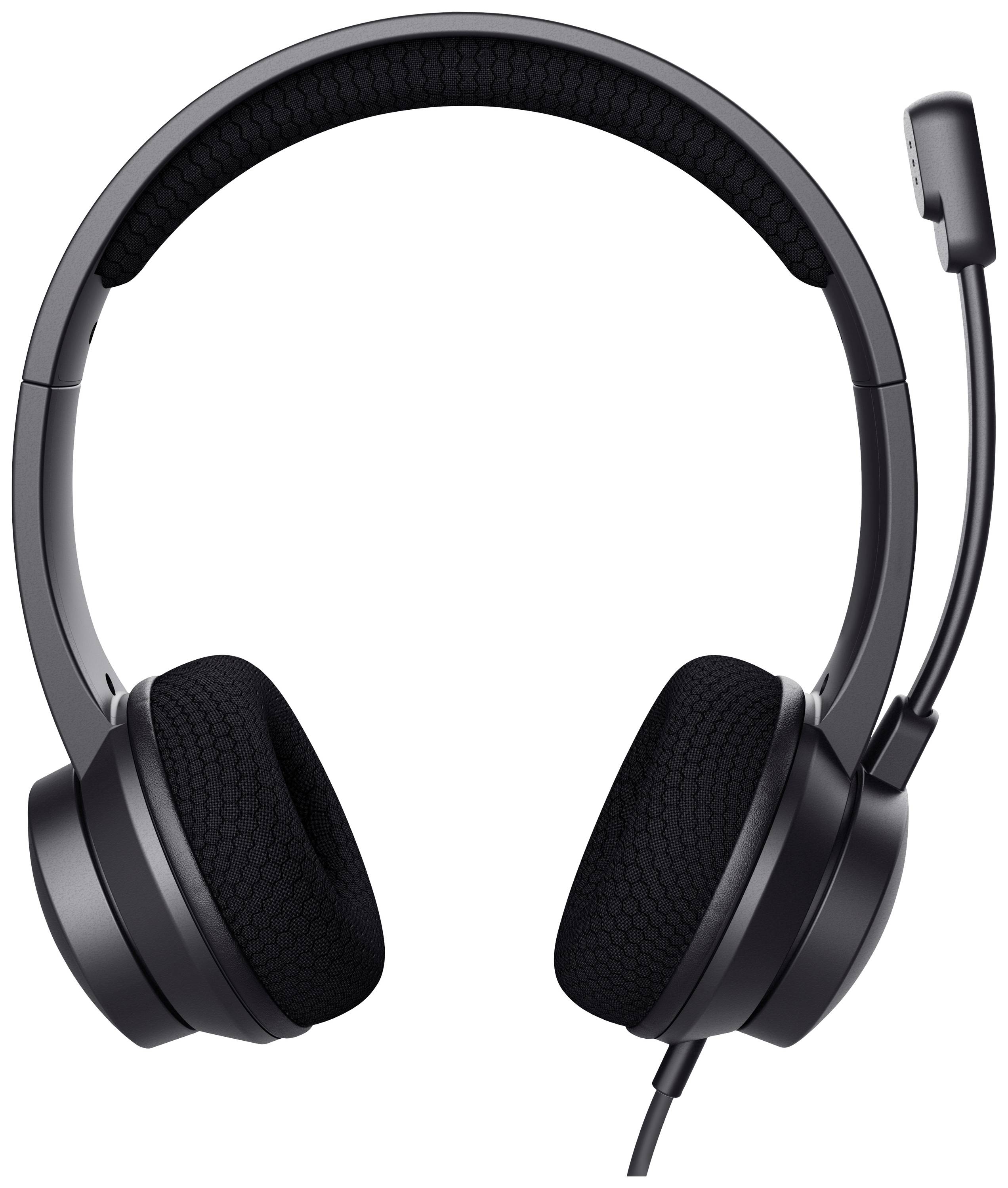 Čierne slúchadlá s mikrofónom, symetricky zobrazené na bielom pozadí. Vhodné pre audio a hlasovú komunikáciu.