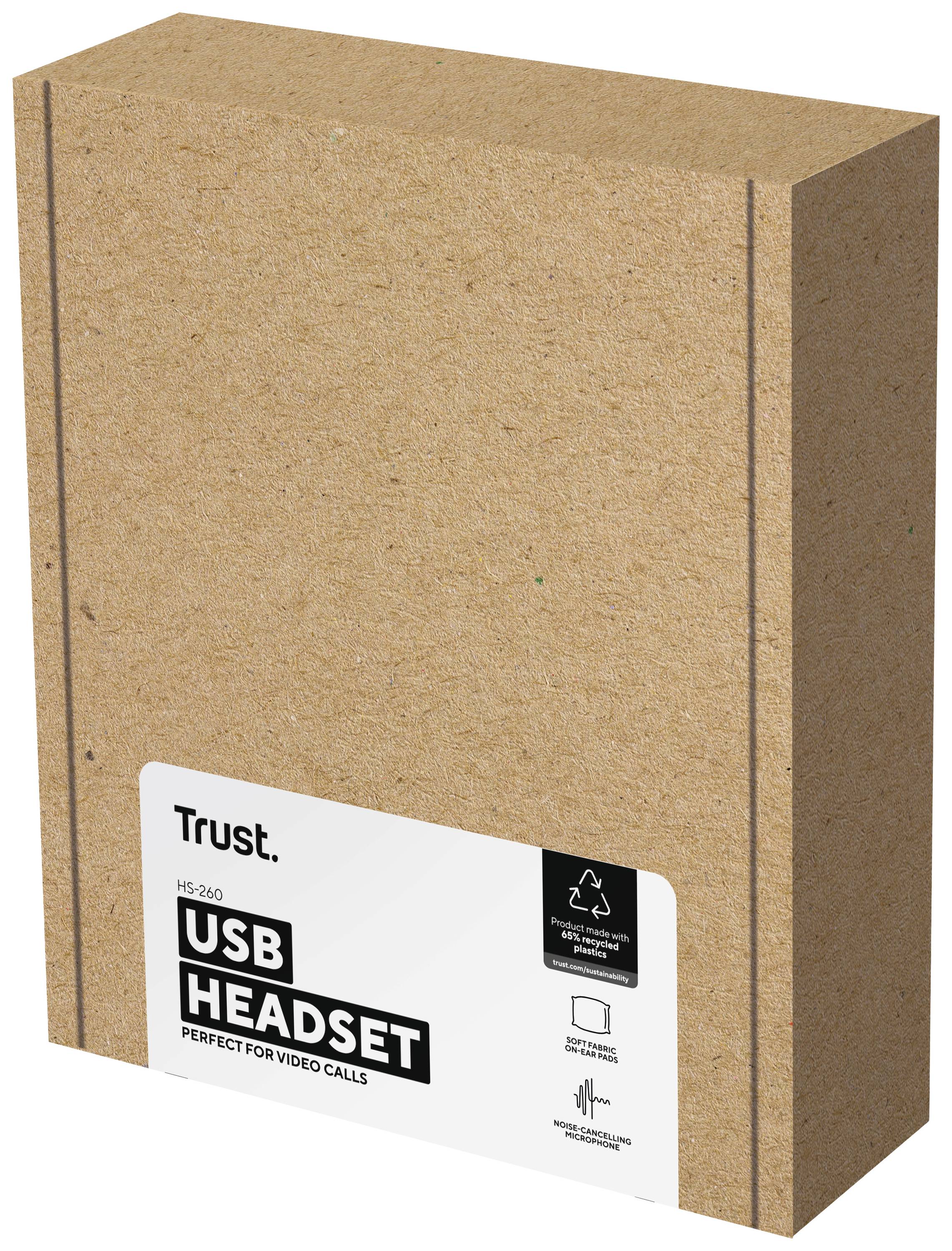 Obal USB headsetu značky Trust, model HS-250, vhodný pre videohovory. Obsahuje symbol recyklácie a informácie o produkte.