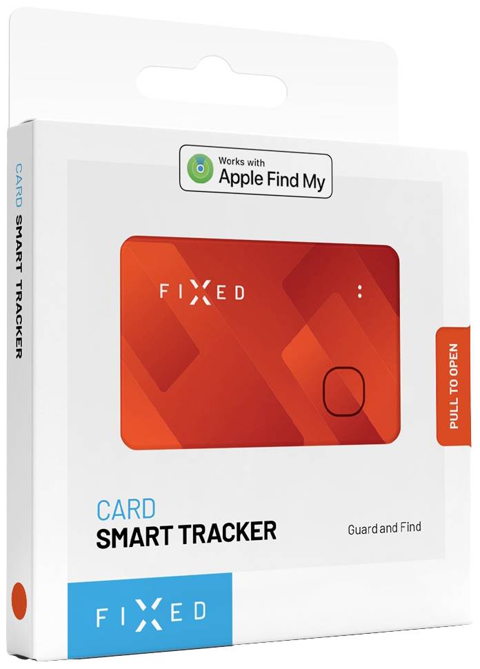 Kartónová škatuľa inteligentného trackera od Fixed. Nápis: 'Card Smart Tracker'. Funguje s 'Apple Find My'.