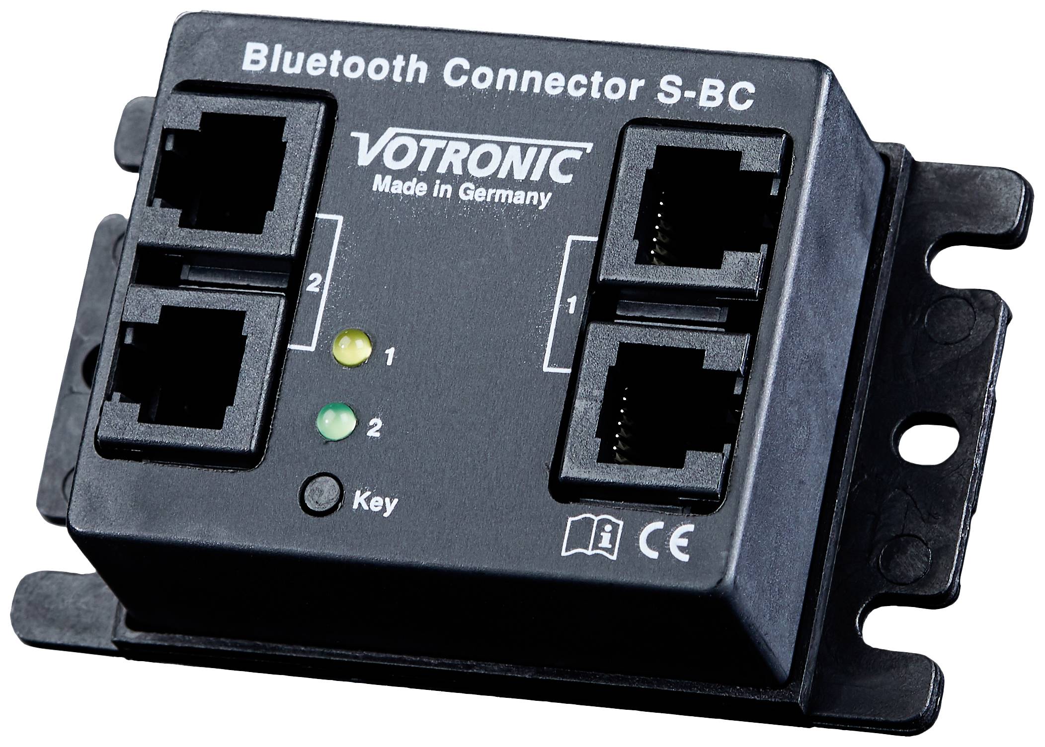 Čierny Bluetooth konektor od spoločnosti Votronic s dvoma zásuvkami a LED indikátormi. Nápis: 'Bluetooth Connector S-BC'.