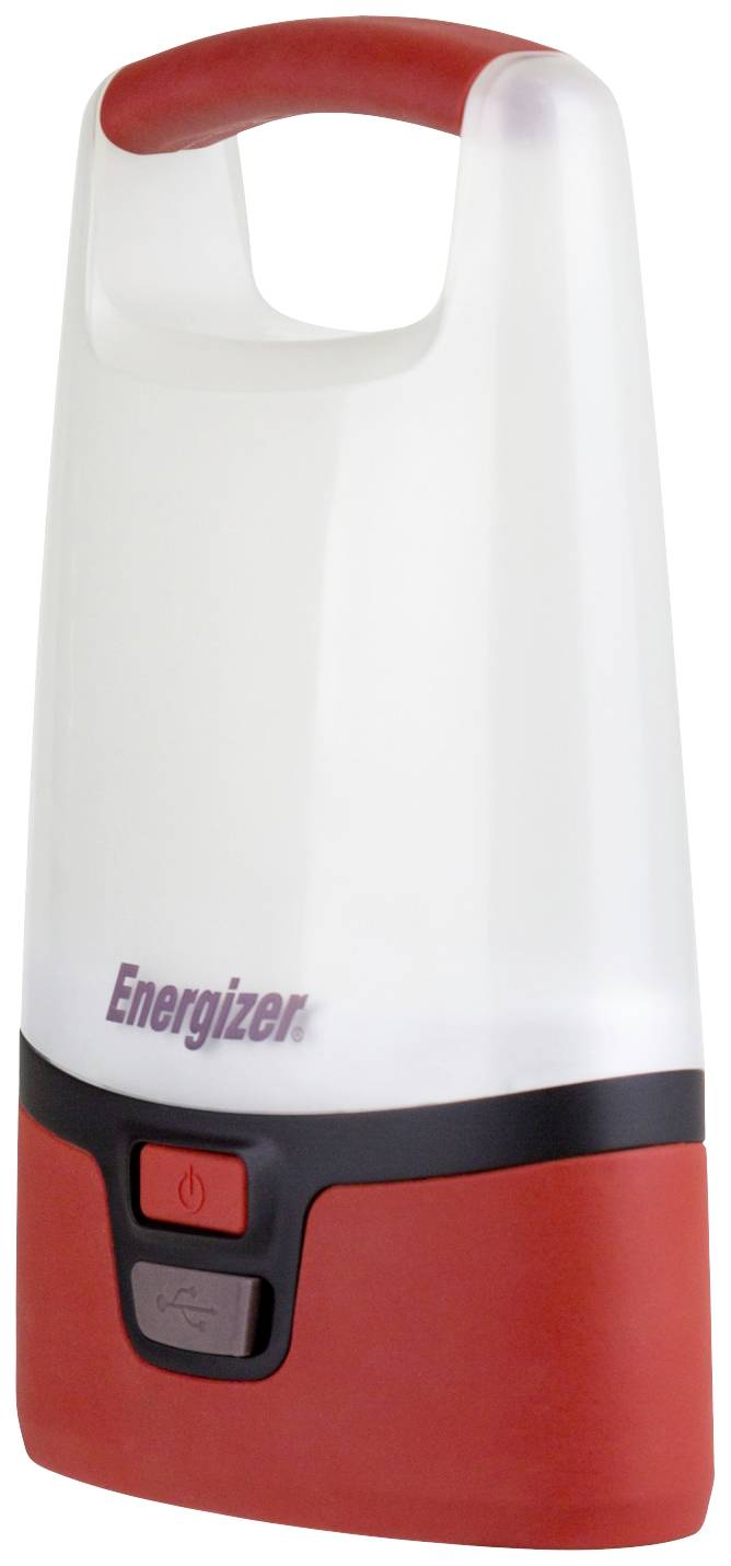 Prenosná LED lampa s červeným držadlom a čiernym vypínačom. Na prednej strane je napísané 'Energizer'.