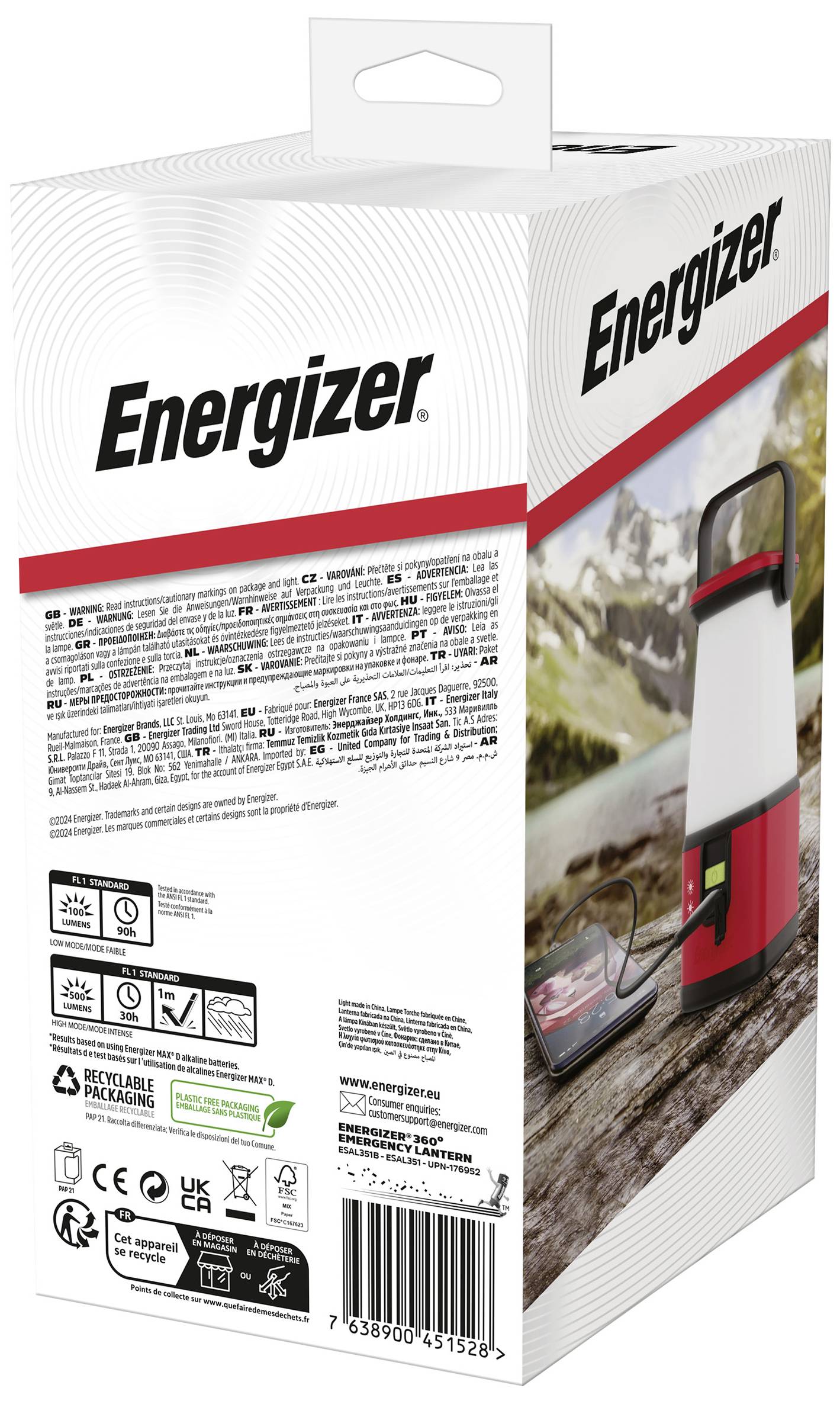 Energizer batériový obal s obrázkom červeného vonkajšieho svietidla nabíjajúceho smartfón. Produktové informácie a symboly.
