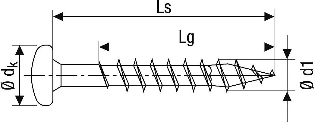 Technický výkres skrutky: zobrazuje celkovú dĺžku (Ls), dĺžku závitu (Lg), priemer hlavy (dk) a priemer závitu (d1).