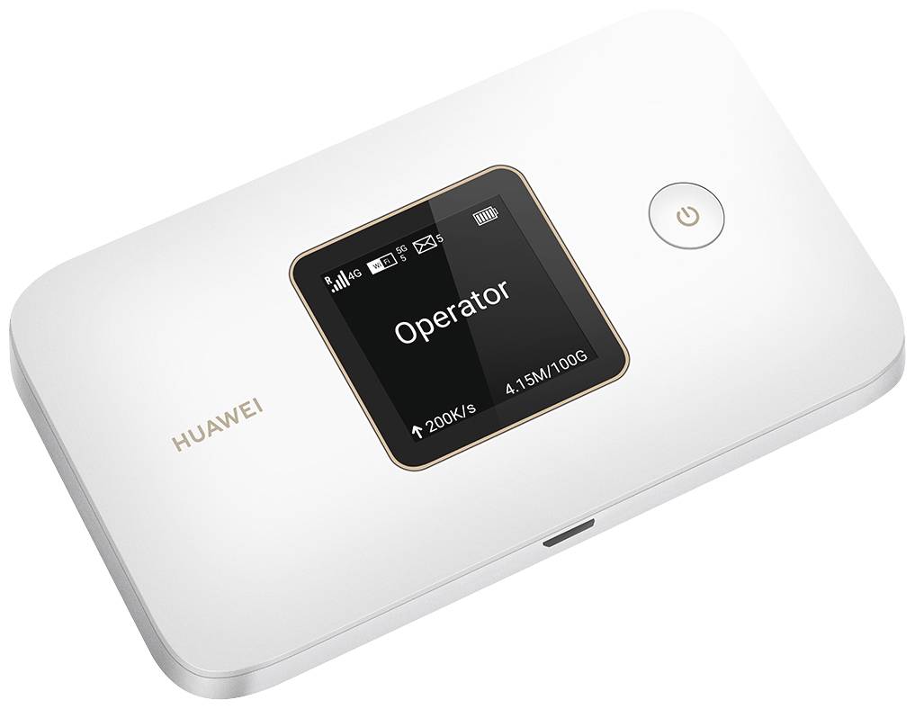 Biely mobilný WiFi router Huawei s digitálnym displejom, zobrazuje silu signálu, mobilného operátora 'Operator', rýchlosť 200 kB/s a dátový prenos 4,15 MB/10 GB.