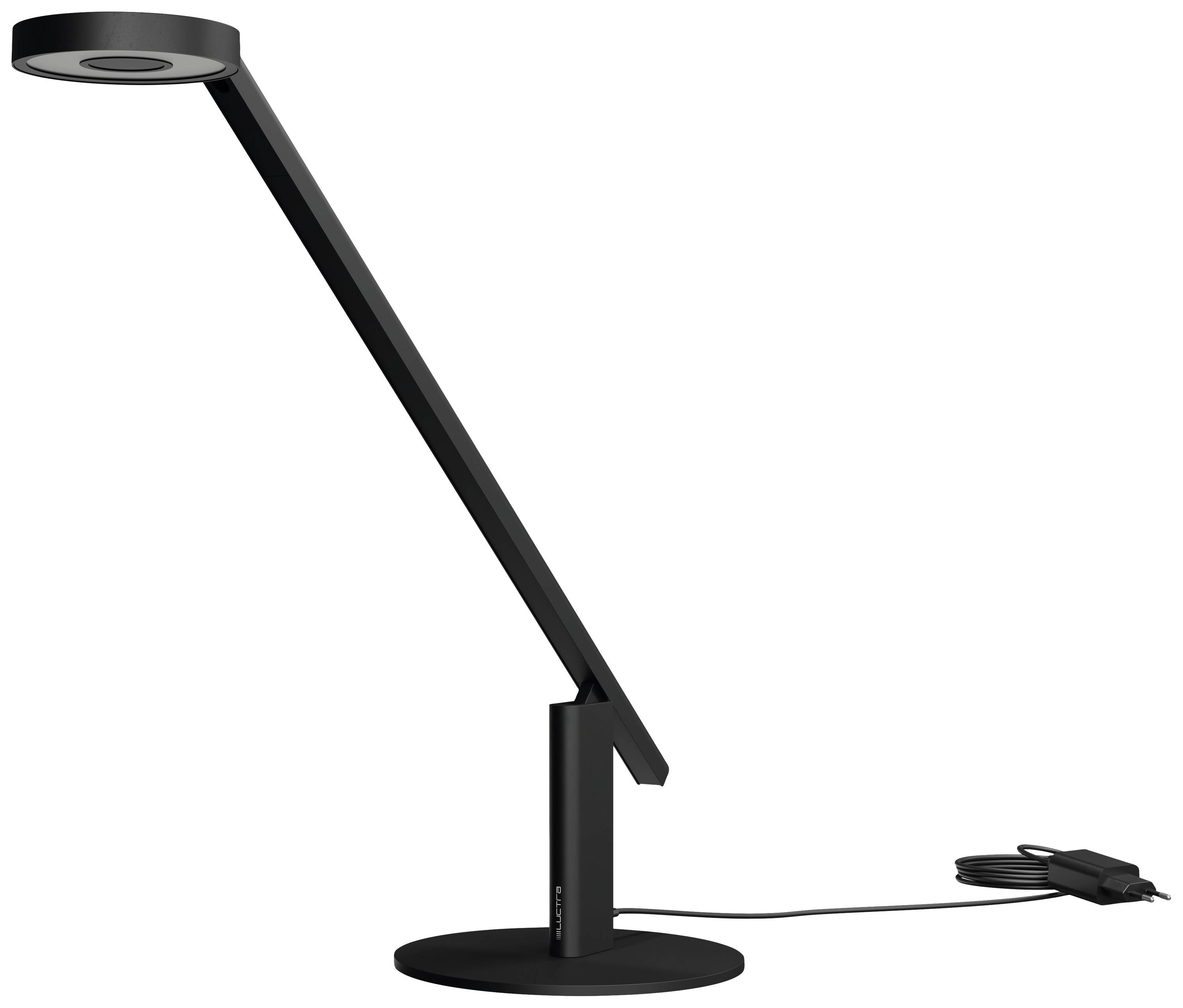 Moderná stolná lampa v čiernej farbe s nastaviteľným ramenom a guľatou lampovou hlavicou, prepojená káblom.