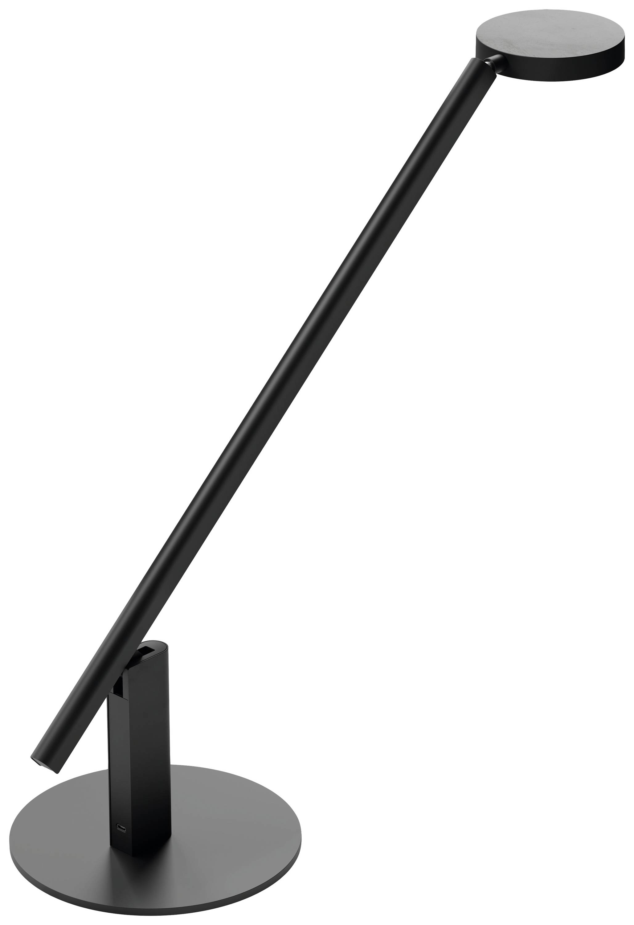 Moderná, čierna stolná lampa s elegantným, minimalistickým dizajnom. Tienidlo je okrúhle a podstavec je stabilný.
