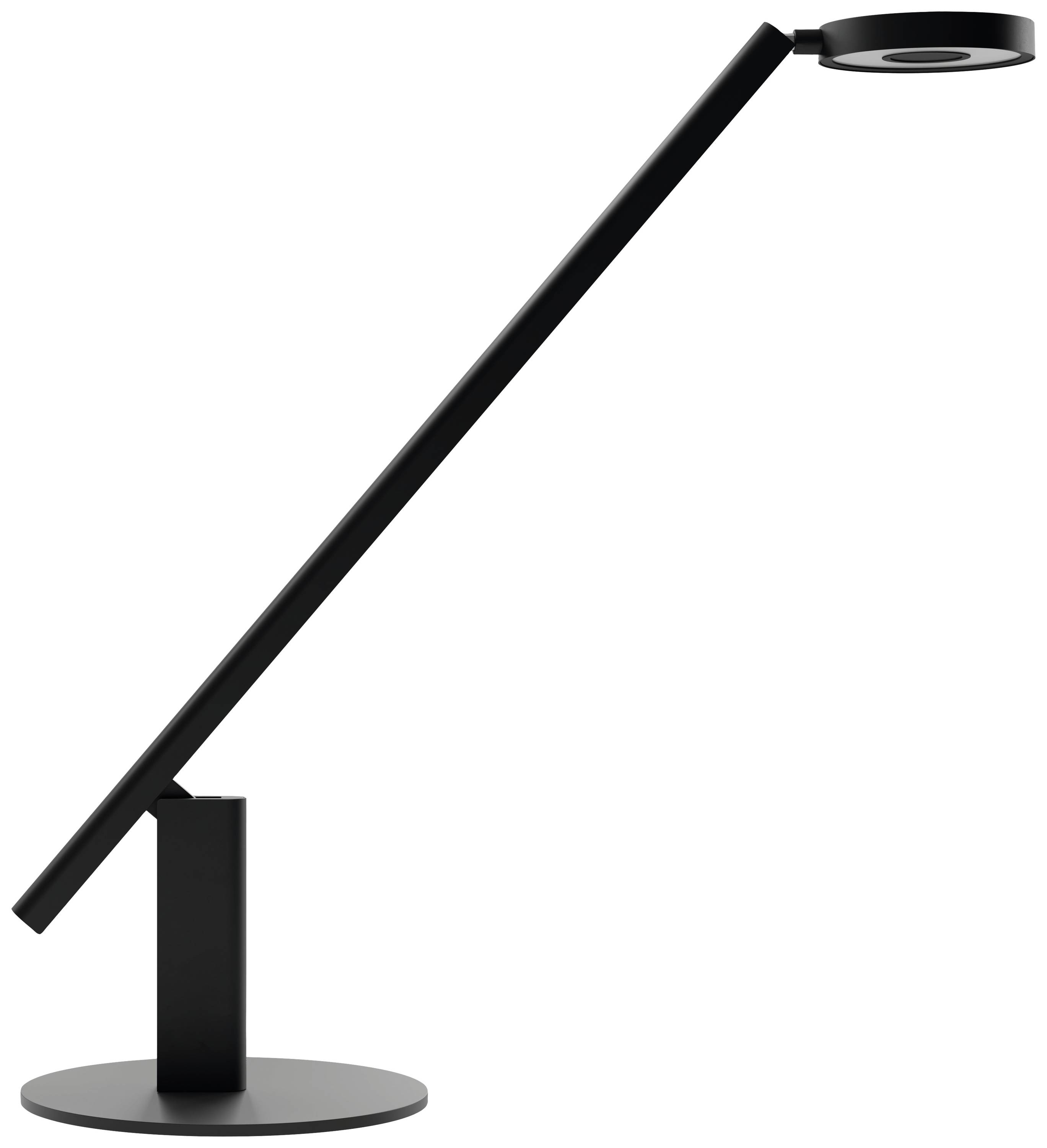 Moderná, štíhla čierna stolná lampa s nastaviteľným ramenom a okrúhlou lampovou hlavou, upevnená na okrúhlej základni.