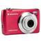 Červený digitálny fotoaparát s nápisom 'Agfaphoto 18 Megapixelov', strieborný objektív s 'Optickým 8X zoomom'. Pohľad spredu.