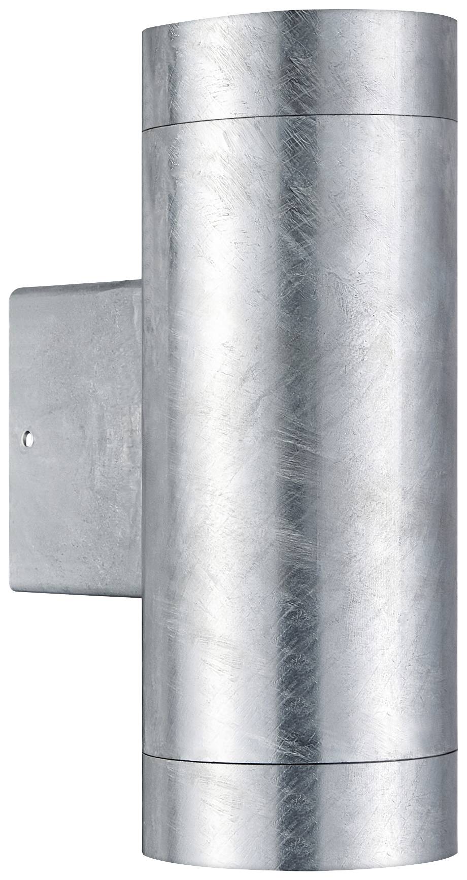 Valcová vonkajšia nástenná lampa zo strieborného kovu, moderného a minimalistického dizajnu, určená na osvetlenie exteriérových priestorov.