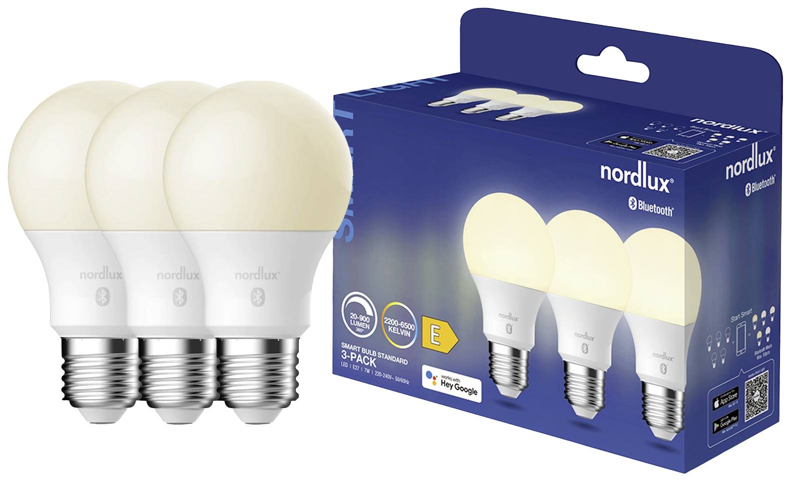 Tri LED žiarovky so závitom vedľa ich predajného balenia so značkou 'nordlux' a kompatibilitou s Bluetooth.